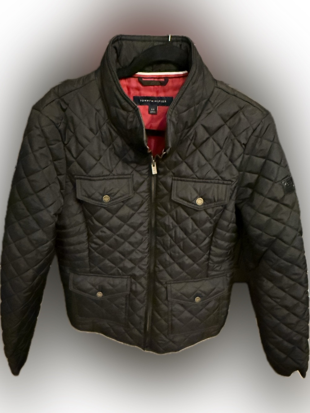 Tommy Hilfiger Quilted Black Jacket with Red Lining Size L EXCELLENT CONDITION!